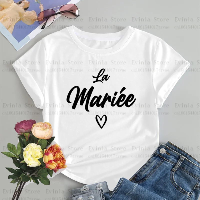 Team de La Mariee French O-collar Short Sleeved T-shirt Girl Wedding Party Team Bride Bachelorette Wreath Women Evjf Tee Shirt