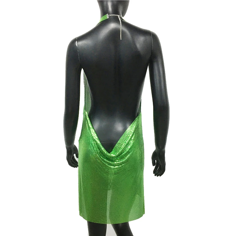 فستان نسائي قصير من FestivalQueen بقصة منخفضة بدون ظهر مع رسن سبليت ترتر معدني مفرغ ومثير فاخر أحادي اللون للمهرجان La