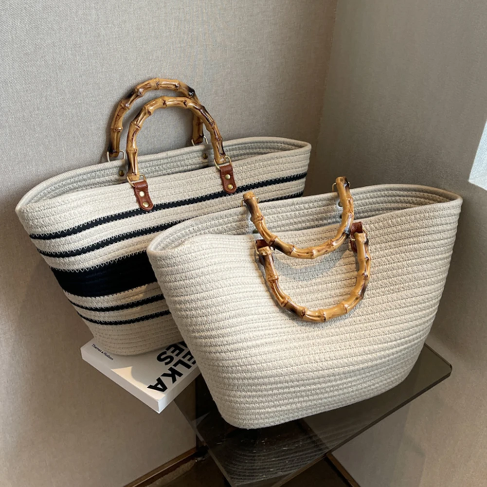 

Women Woven Tote Bag Summer Beach Bags Bamboo Handle Shopping Bags Large Capacity Striped Handbag Rattan Clutch Weave Handbag