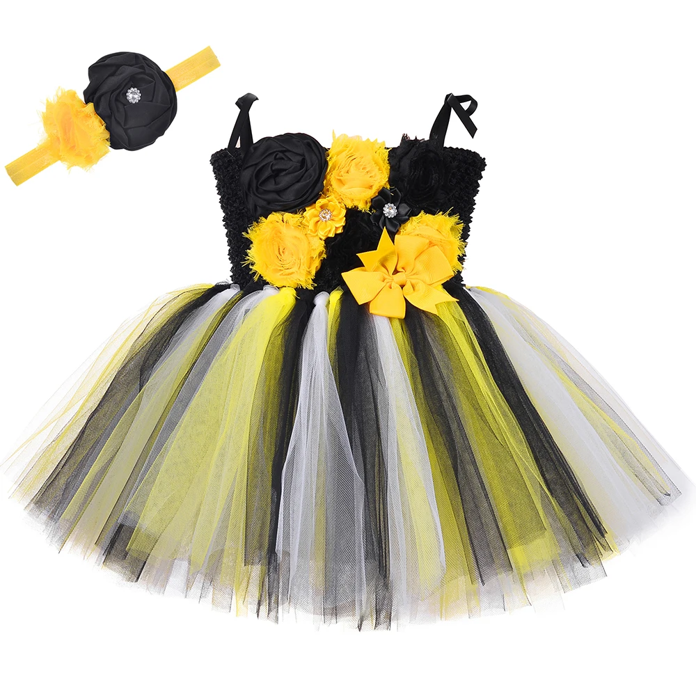 Little Queen Bee Tutu Dress Tulle Flowers Baby Girl Clothes Infant Toddler Princess Costume 1 Year Birthday Girl Dress Outfit