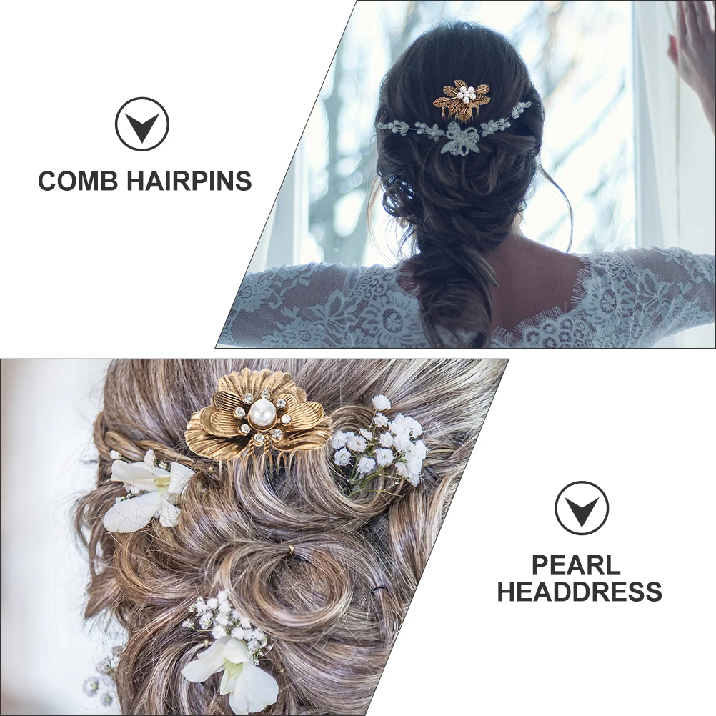 

4PCS Vintage Diamond Combs Pearl Headdress Hair Accessories Bridal Women Hairpins Leaf Design Durable Retro Style Decorations