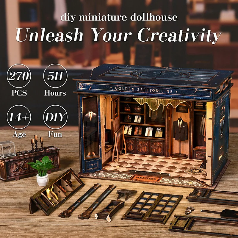 DIY 3D Miniature Golden Section Line Shop Model Handmade Micro-Cabin Dollhouse Decor Creative Store Scene Exquisite Craft Kit