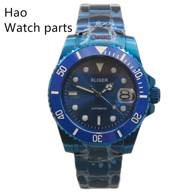 BLIGER 40mm NH35A Movement Watch Sapphire Crystal Automatic Men's Watch Steel Bracelet /Curved Rubber Strap Blue Watch