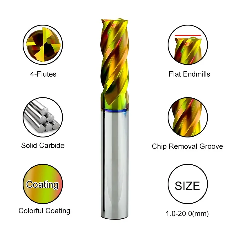 AZZKOR HRC80 High Hardness Milling Cutter 4-Flute Tungsten Steel Carbide Colorful Coating Flat End Mills CNC Machining Tools