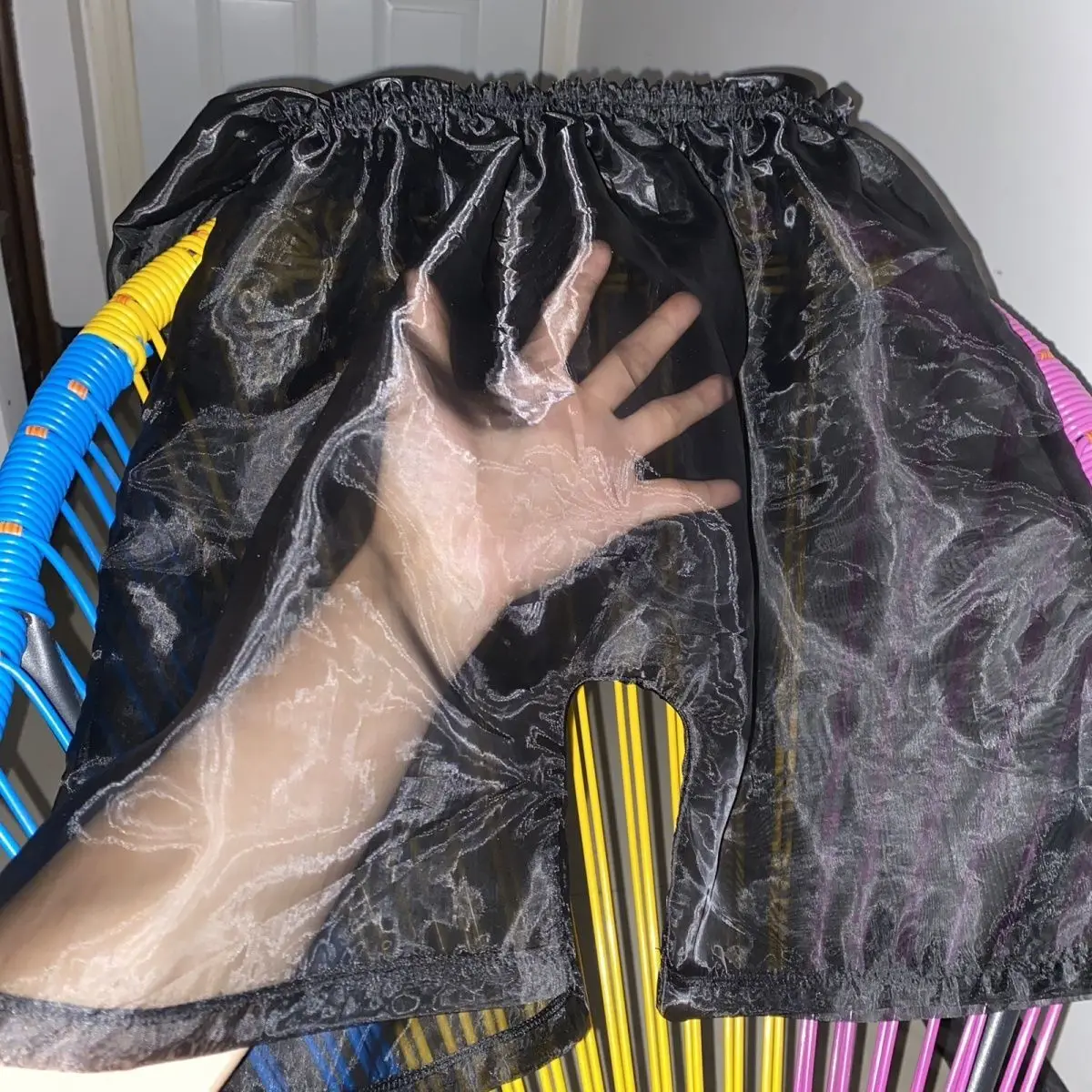 XXXXL See Through Men Sleeping Robe Sexy Silky Soft Sheer Top Short Sleeves Shorts Women Round Neck Loose Private Party Costume