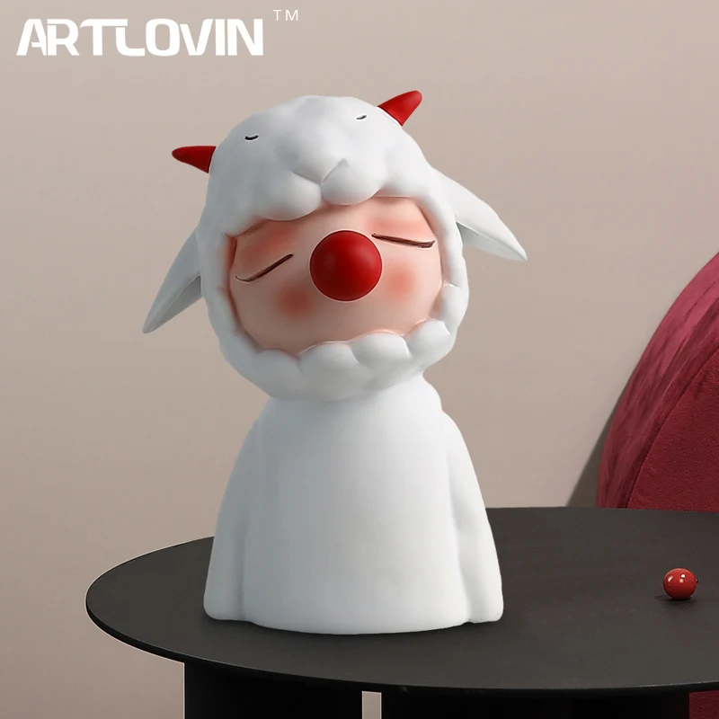 

Creative Sheep Kid Figurines Resin Matte White Sheep-kid Sculpture Red Nose Character Figures For Wall Shelf Decor Baby Gift New