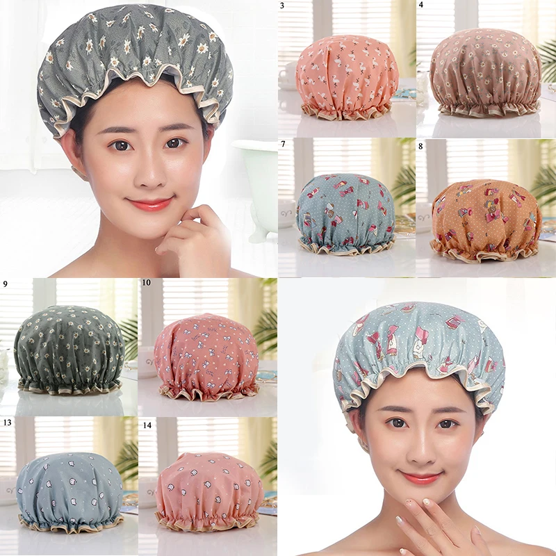 1Pcs Bathing Cap Cartoon Cute Double Layer Waterproof Polyester Cotton Hair Cover Multicolor Shower Hats Bathroom Products