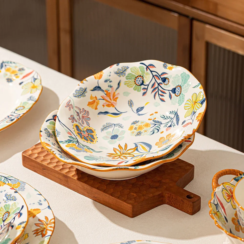 Floral Glazed Ceramic Plates Exquisite Underglaze Colour Porcelain Home Dinnerware Fruit Snack Specialty Plates Tableware