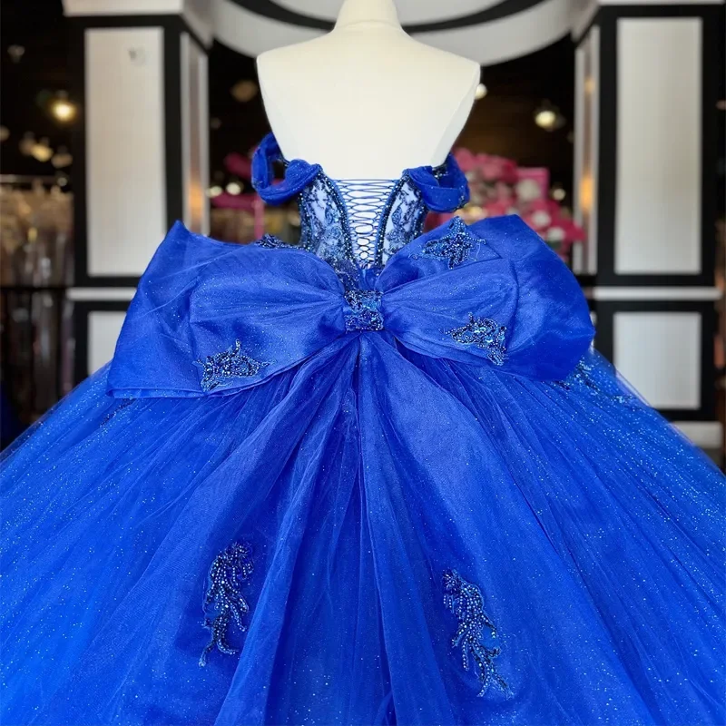 Vestidos Quinceanera azuis reais para meninas, miçangas de renda, arco Tull, camadas para 15 anos, festa de aniversário, princesa do baile, 15 anos