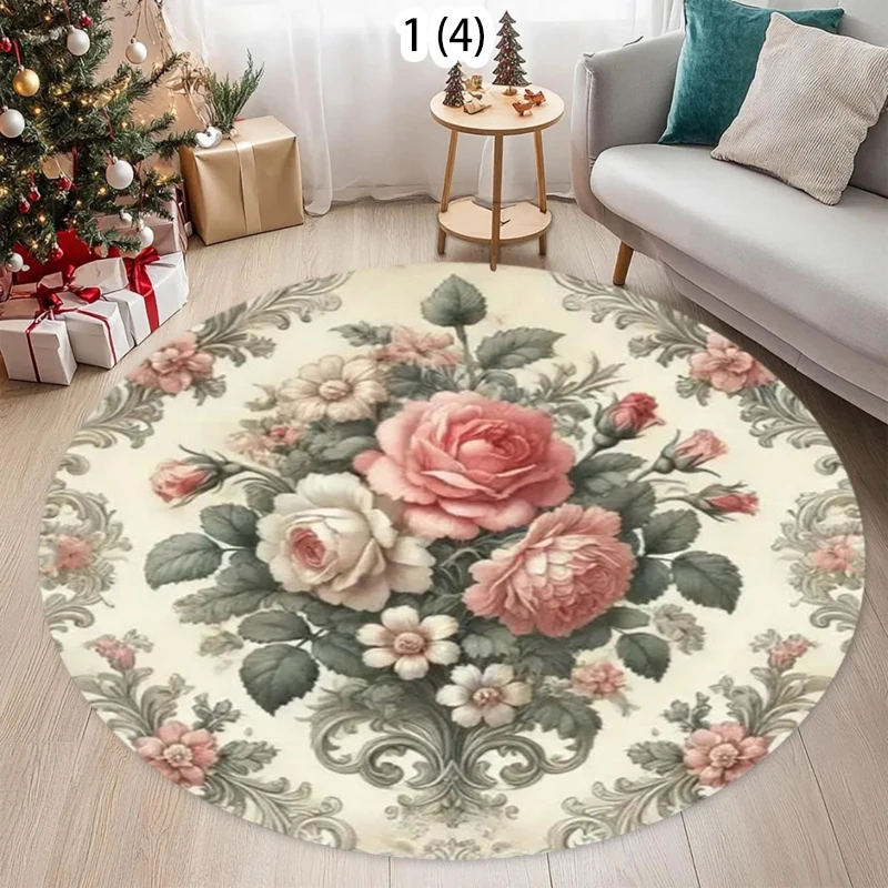 Lotus and Peony Pattern Round Carpet, Living Room Decorative Mat, Bedroom Foot Mat, Chinese Style Retro, Non-slip Chair Mat