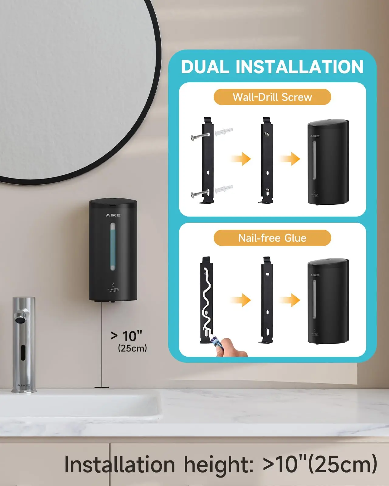AIKE Automatic Liquid Soap Dispenser 750ML Stainless Steel Bathroom Hand Sanitizer Dispenser Wall-mounted Sensor Dispenser