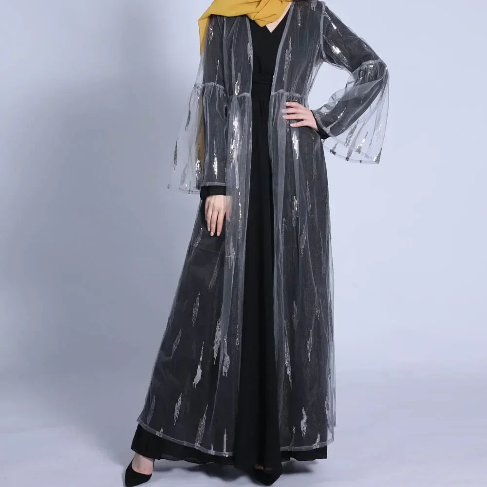 Casual Sequin Lace Cardigan Maxi Dresses Fashion Flared Sleeves Lace-up Dress Women Muslim abayas Female Solid National Costume