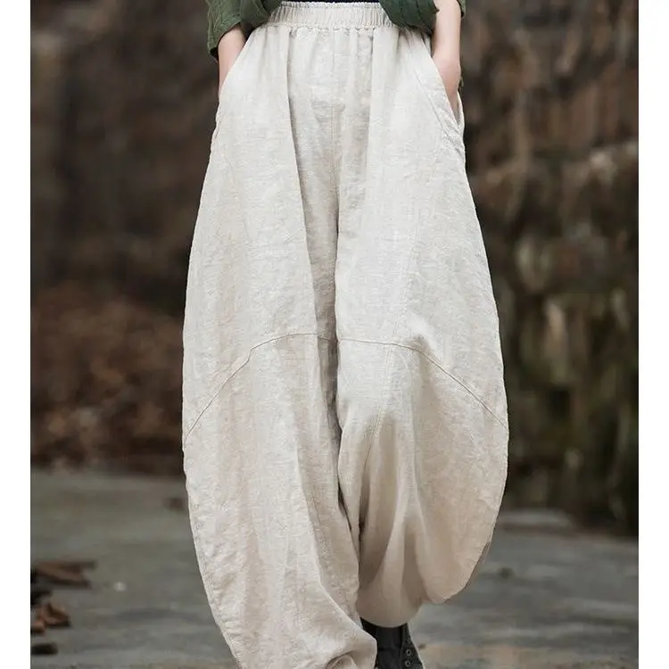 Pantaloni lunghi da donna di fascia alta in lino di cotone primaverile estivo con sabbia fritta vecchie pantaloni larghi da meditazione Tai Chi