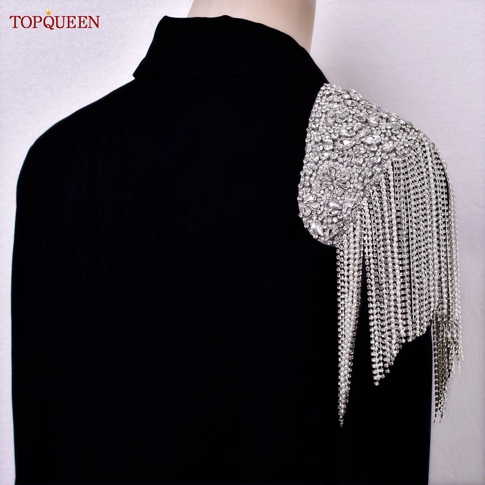 TOPQUEEN SP36 Rhinestone Applique Bling Large Sewing Patches Epaulets for Women Ladies Bridal Party Clothing Dresses Gown Coats
