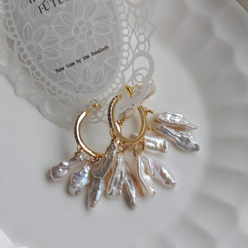 Natural Freshwater Biwa Pearl Tassel Hoop Earrings 14K Gold Plated Baroque Pearl Drop Earrings for Wedding Party