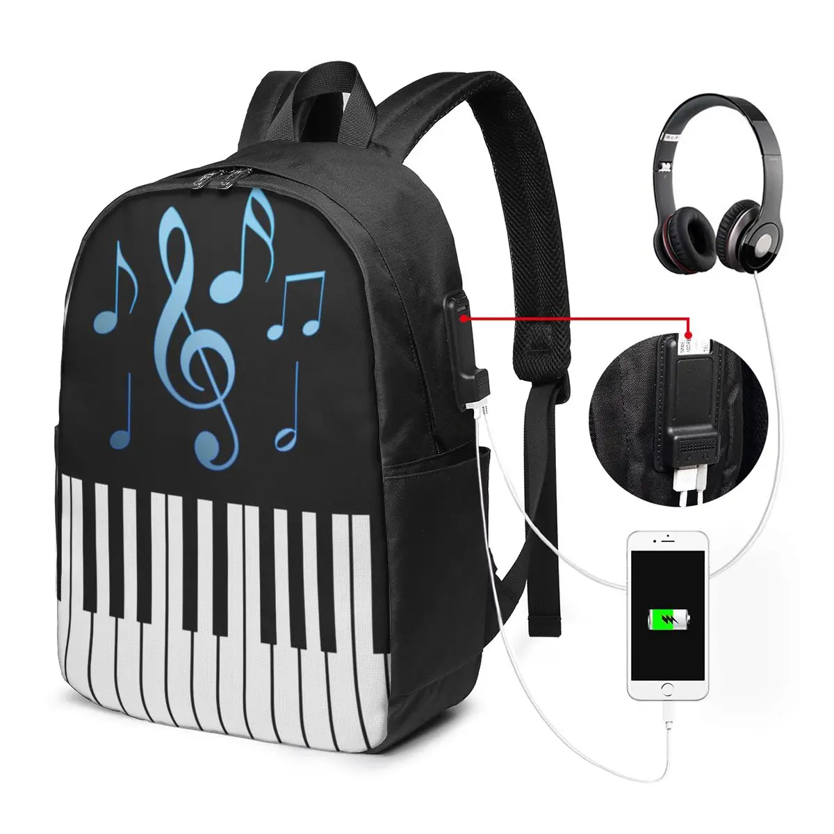Music Note Piano Key Backpack Travel Notebook Bag Computer College Student School Bag Laptop Shoulder Bags for Men Women
