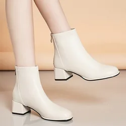 Women's Boots Trend 2024 Round Toe Back Zippered Solid Color Mid Heel Shoes Fashionable Spring and Autumn New Models Black Boots