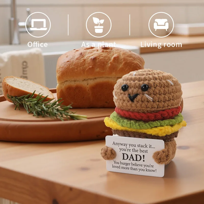Positive Crochet hamburger Doll Desktop Ornament Handmade Cheer Emotional Support Positive hamburger with Card Home Party Decor