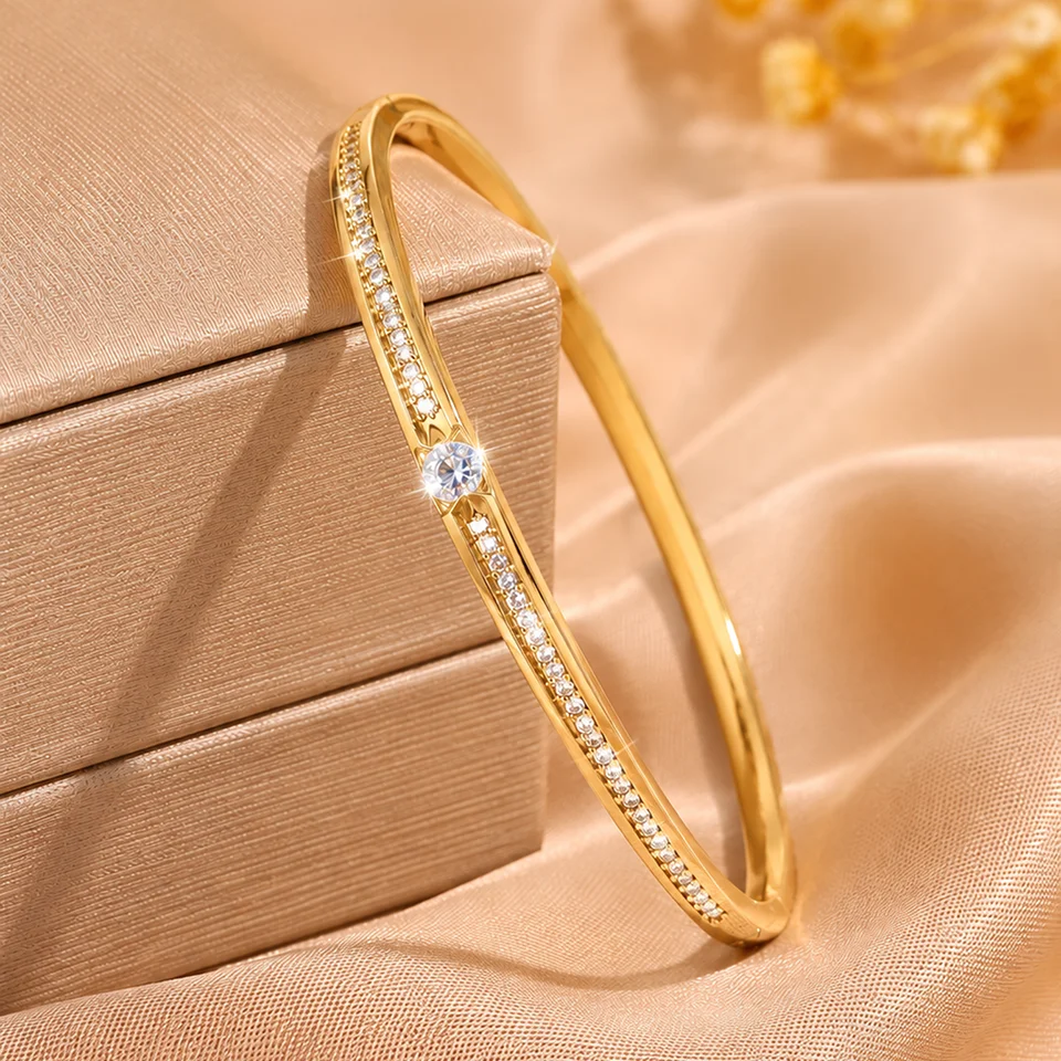Yupsk Simple Fashion Full Shiny Zircon Thin Bracelets Sliver Gold Color Friendship Copper Bangles Exquisite Jewelry Gift