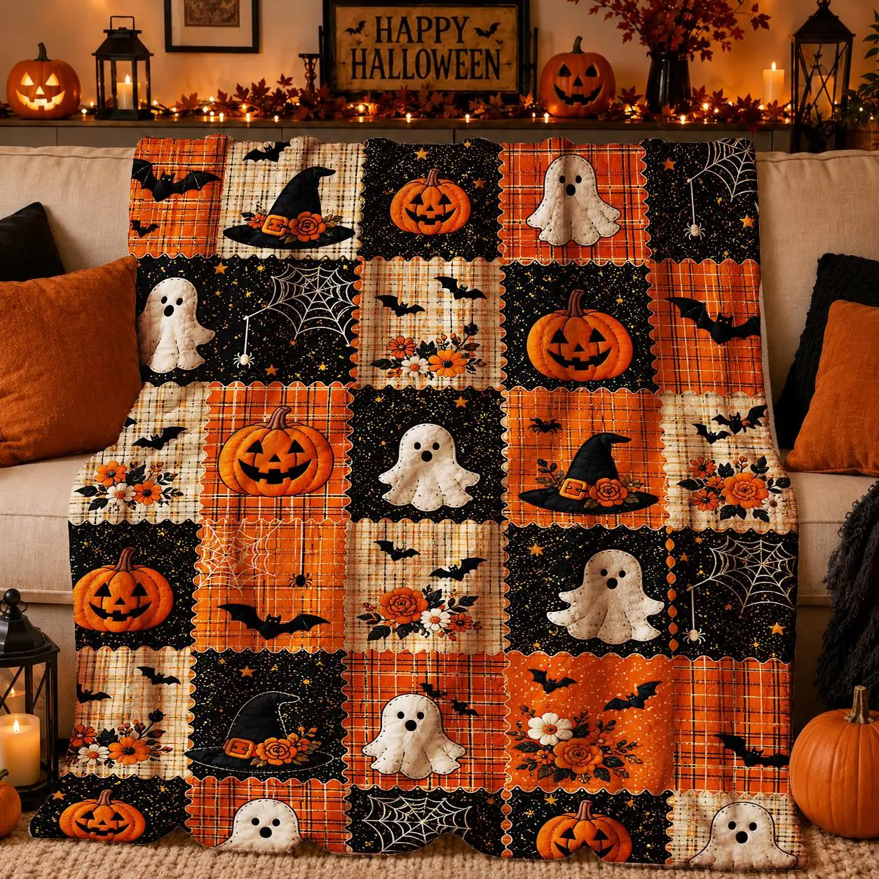 1pc Halloween Ghost Pumpkin Flannel Blanket, Soft Lightweight Throw Blanket, All Season Festival Use, for Bedroom Living Room Ca