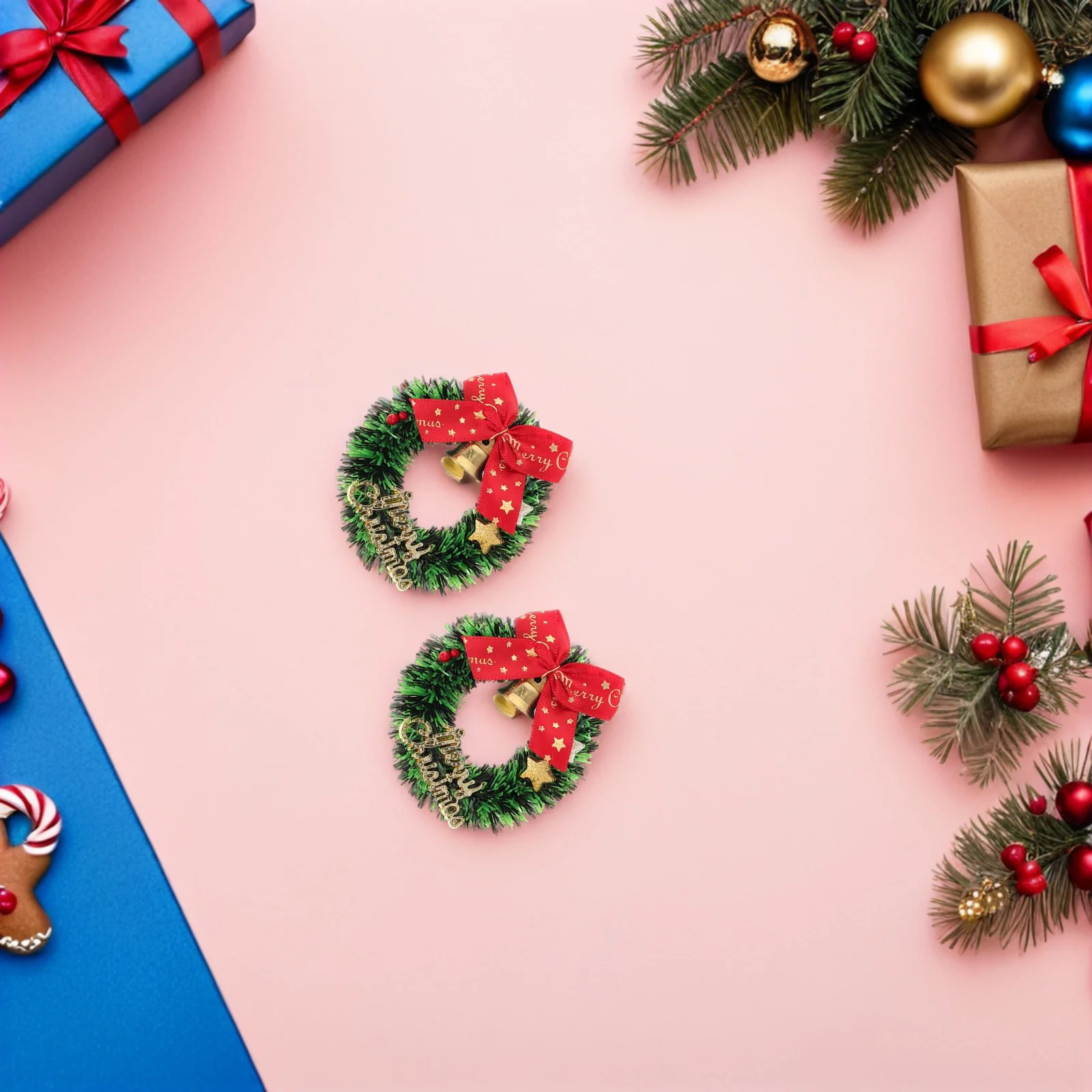 

16Pcs Mini Christmas Wreath Bow Bell Garland 6.5cm Artificial Small Xmas Decoration for Tree Home Craft DIY Supplies