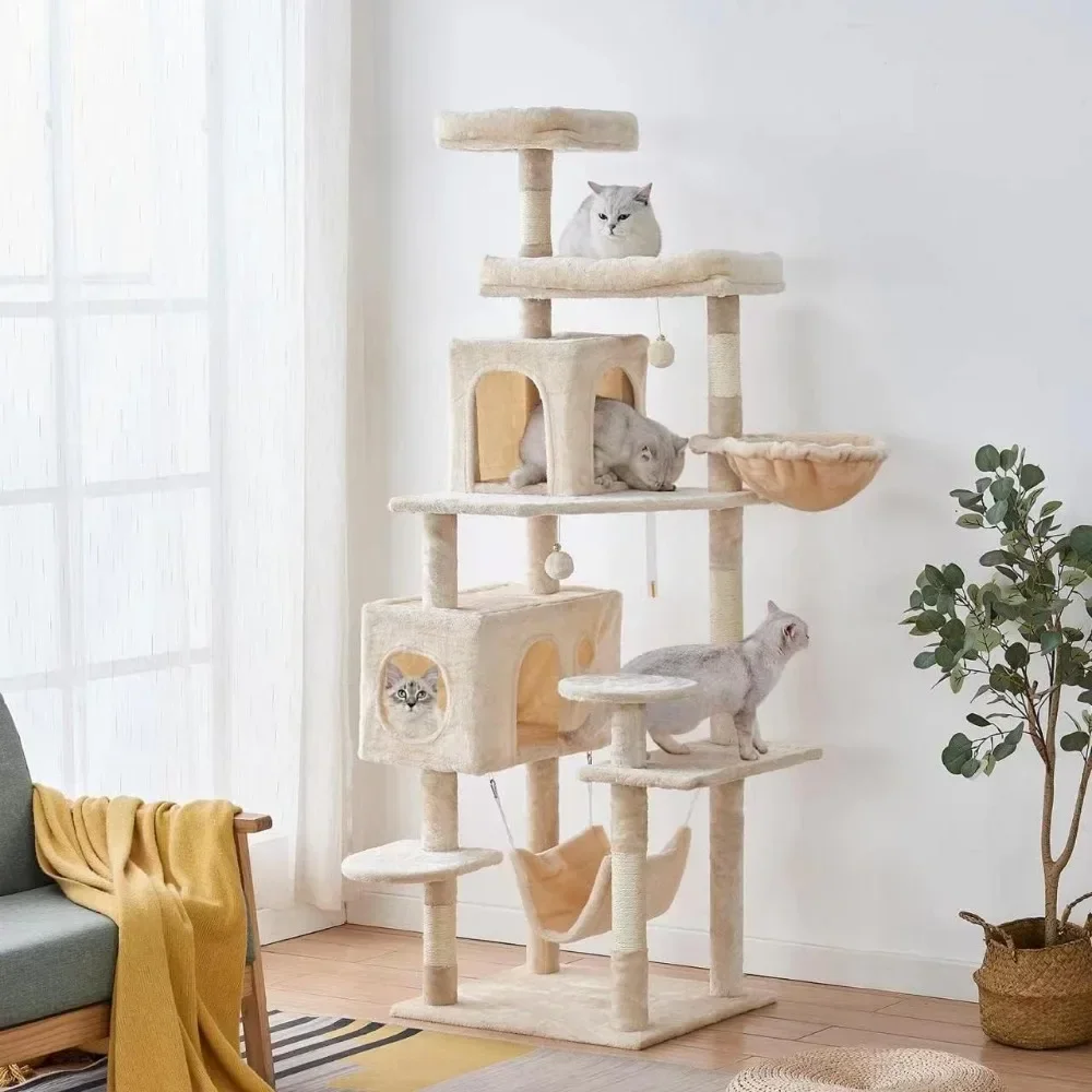 Cat Tree 71.6 inches, Multi story Cat Apartment Furniture, Plush Sofa with Grip Pillars, Basket, and Large Cat Hammock