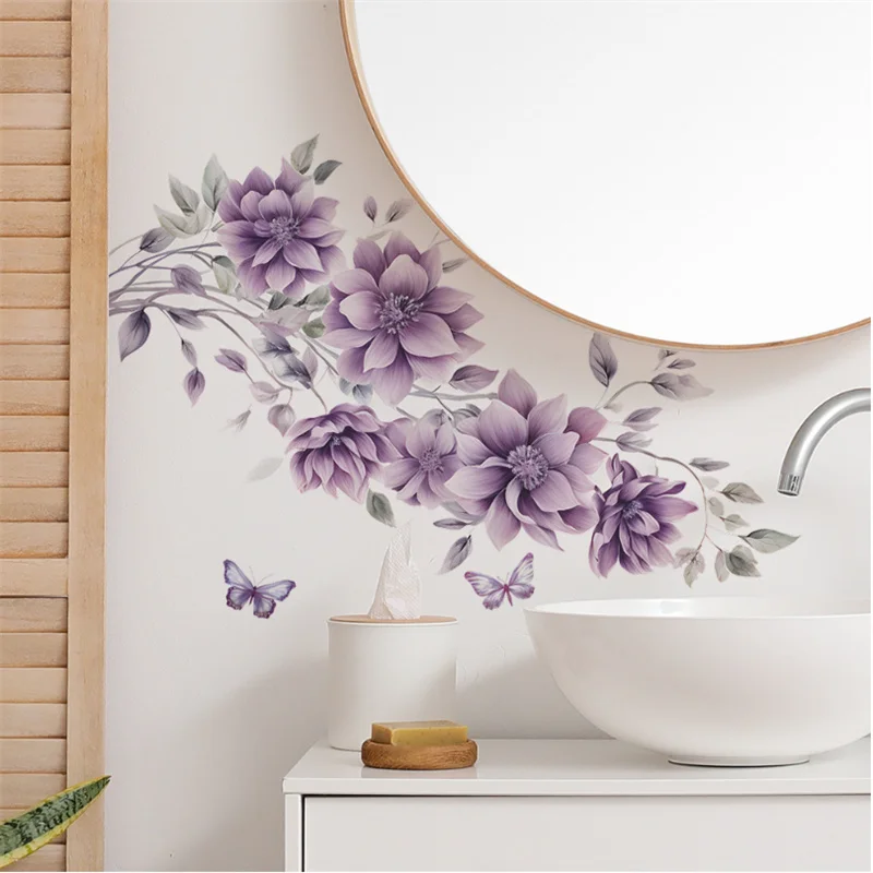 35x60cm Colorful Purple Flowers And Butterfly Wall Stickers Decorative Mural Wall Decals for Bedroom Living Room Bathroom