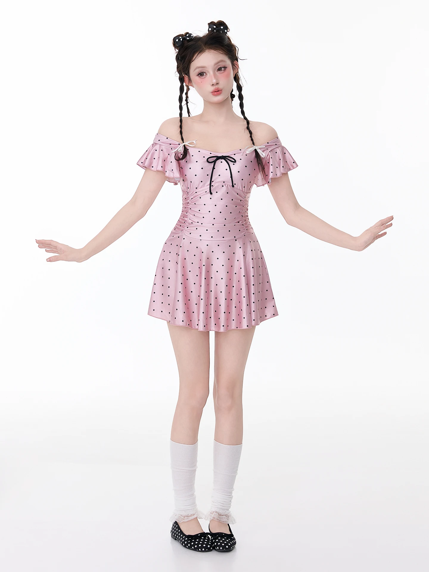 

Купальник Mimoi Closet в стиле ретро с полосками и точками, для девочек, с эффектом похудения, повседневный, с короткими рукавами