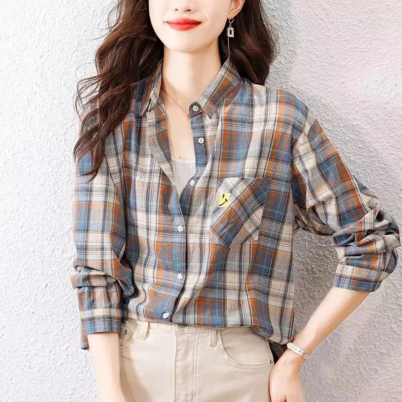 Fashion Printed Spliced Pockets Plaid Shirt Women\'s Clothing 2023 Spring New Loose Casual Tops All-match Office Lady Blouse