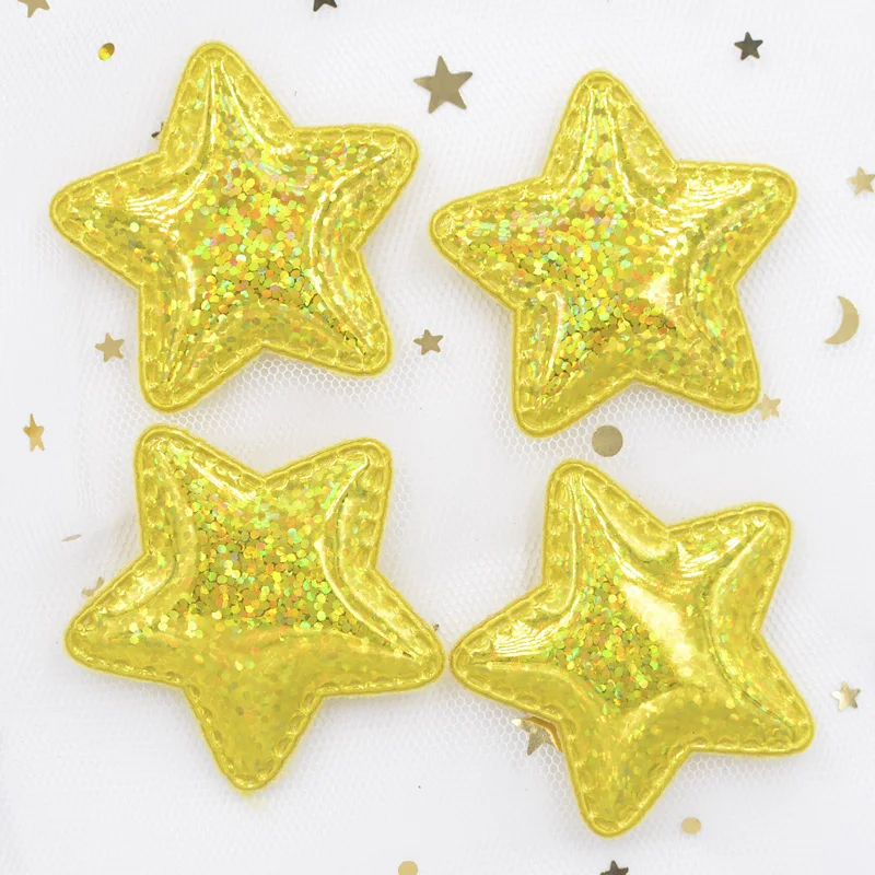 12Pcs Shinng Laser PU Fabric Padded Patches Glittering Star Appliques for Crafts Clothes Sewing Supplies DIY Hair Bow Decor