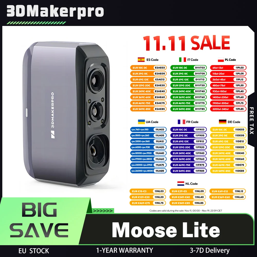 Scanner 3D 3DMakerpro Moose Lite, caméra couleur 24 bits, suivi visuel Al, précision 0,05 mm, résolution 0,10 mm, taux de cadre 10 fps