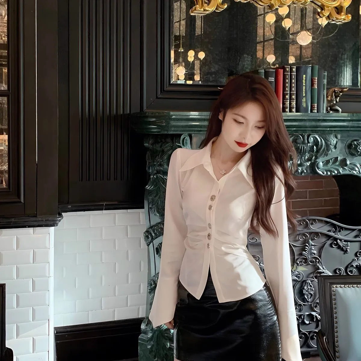 Soft Satin Finish Advanced Sense Summer Women New White Solid Color Lapel Collar Button Corset All-match Corset Short POLO Shirt