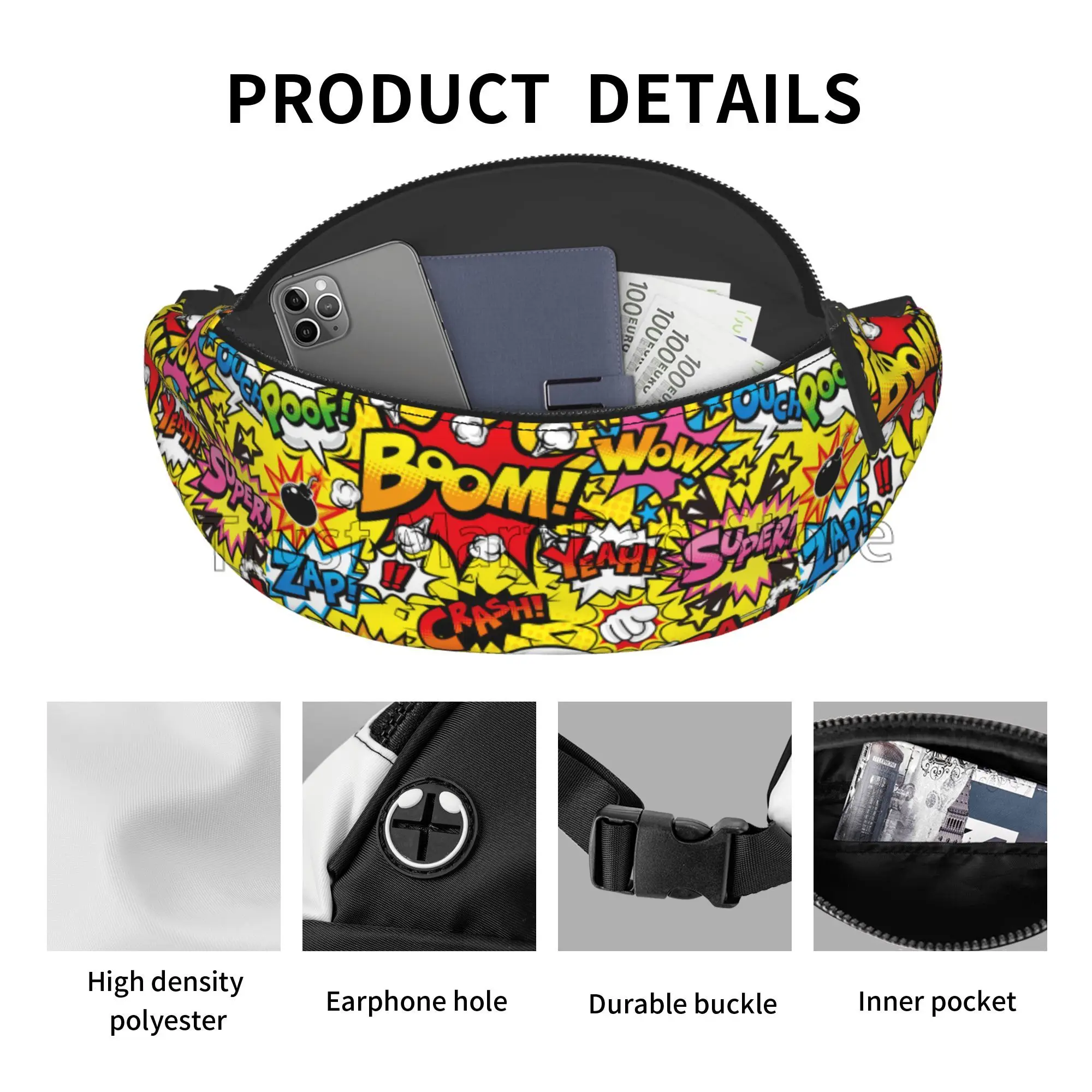 American Comic Book Collection Pop Art Fanny Pack Crossbody Bags for Men Women Hip-hop Large Waist Bag for Outdoors Travel