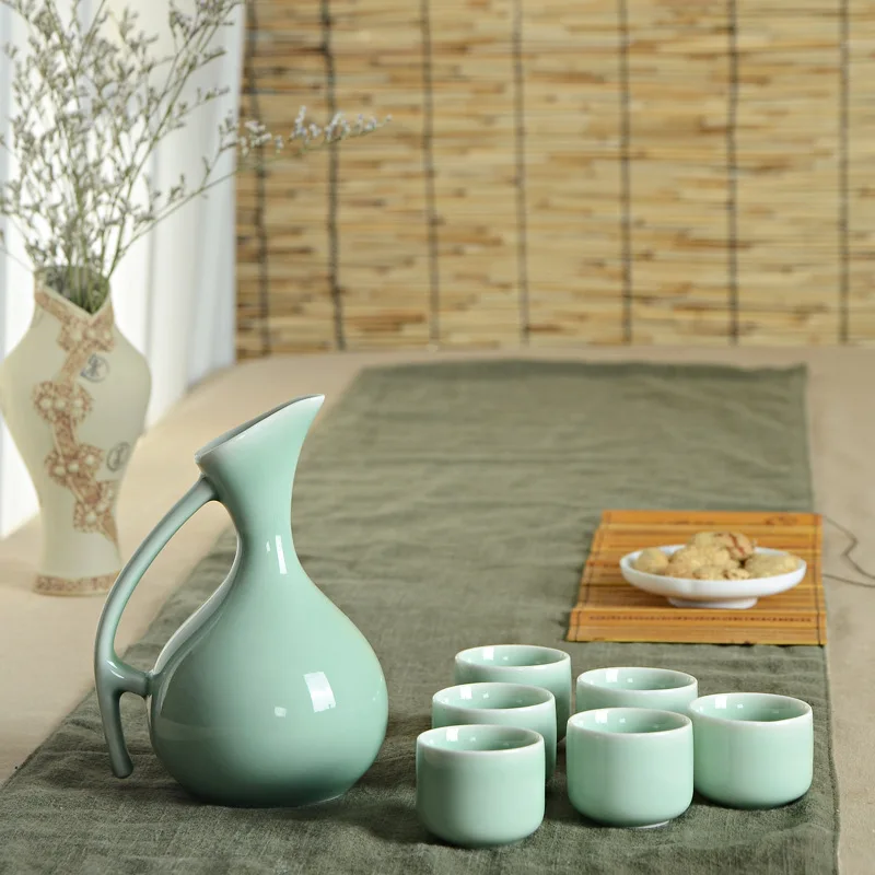 

250ML Celadon Wine Set Court Handle Hip Flask 1 Pot 6 Cups Sake Vodka Swan Wine Gift Half Month Liquor Divider Bar Set