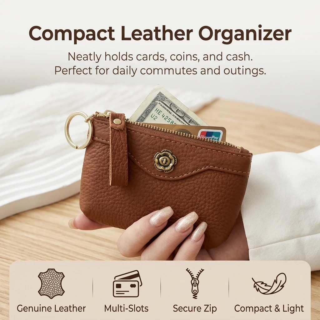 Leather Coin Purse For Women Cowhide Card Holder With Metal Zipper And Multi Compartment Design