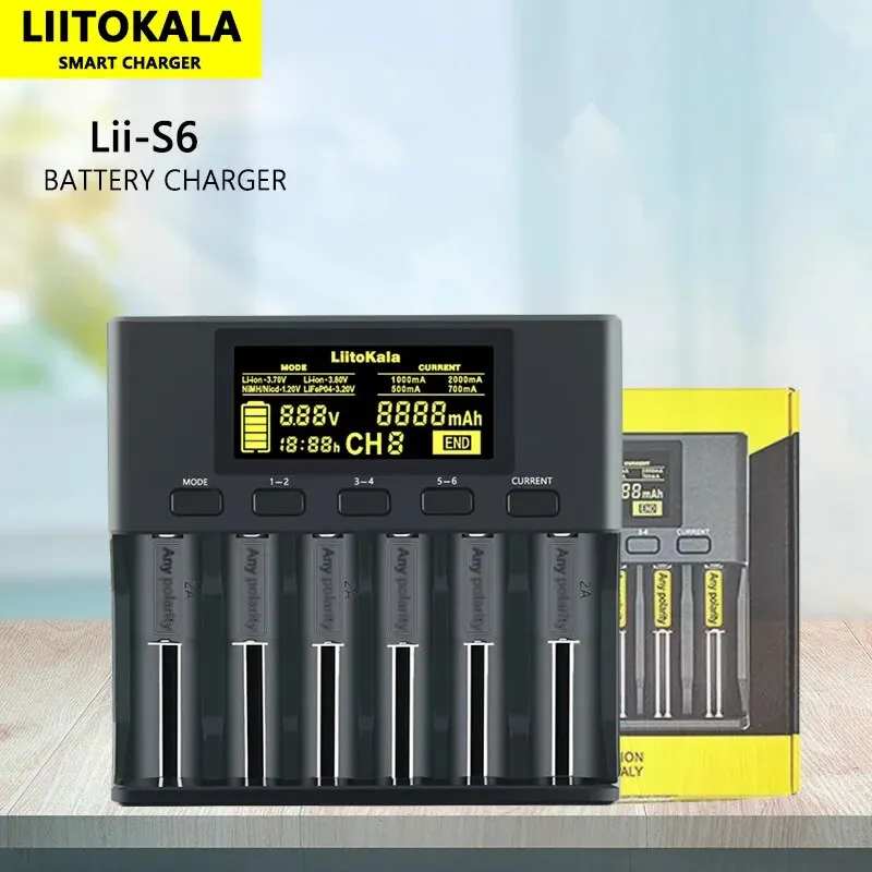 LiitoKala Lii-S6 3.2V 3.7V 18650 inteligentna ładowarka 6-gniazdo automatyczne wykrywanie polaryzacji 26650 21700 18500 14500 20700 bateria AA AAA