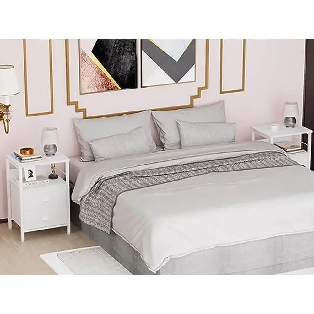 مجموعة منضدة تخزين غرفة النوم 2 مع خطافات أدراج قماشية ورف خشبي وطاولة جانبية وأريكة غرفة النوم/العيش وتنظيم أبيض 2 كبير #5