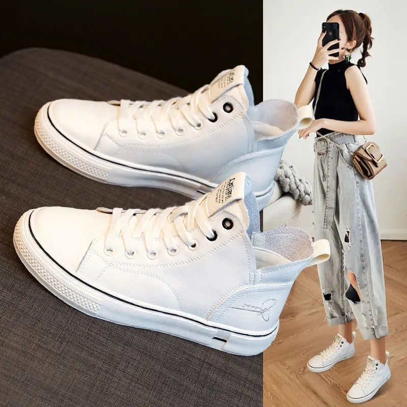 White Leather High Top Sneakers For Women Lace Up Design Round Toe Non Slip Flat Sole Casual Shoes With Signature Embroidery Ver