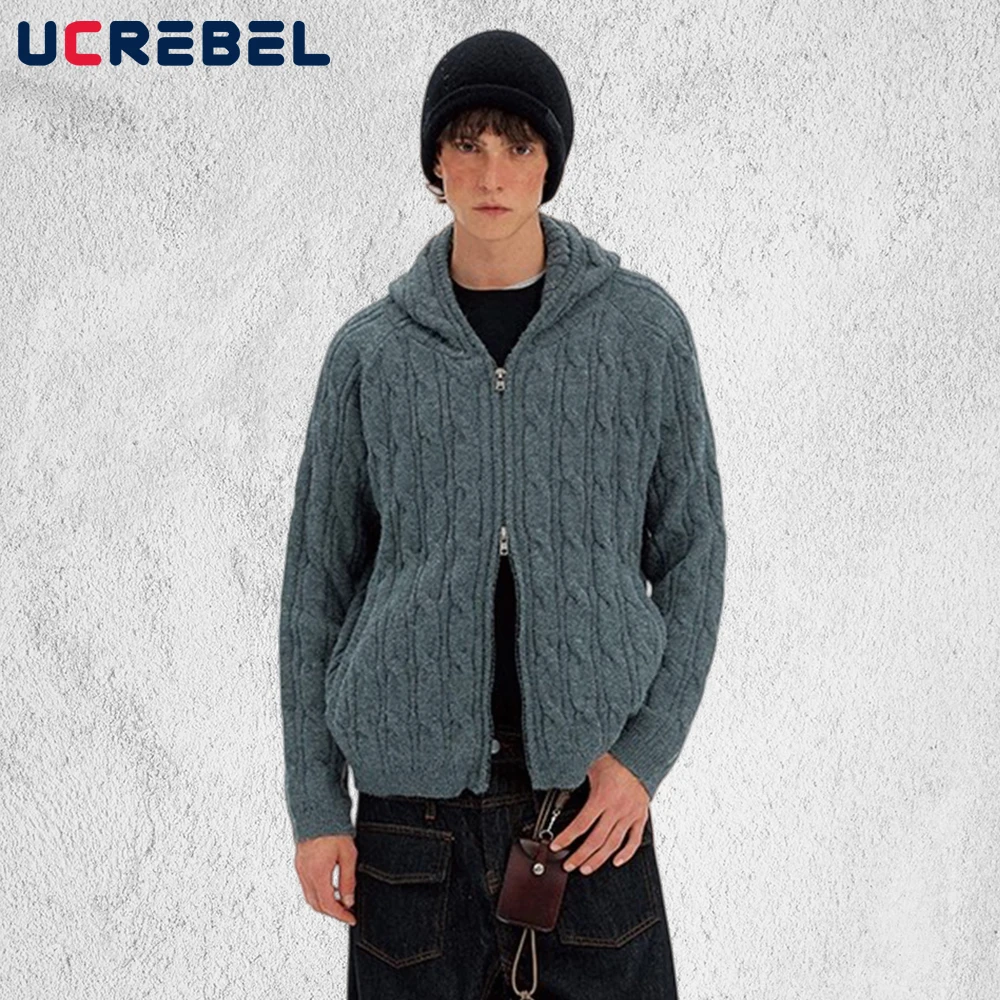 

Solid Color Knitted Hooded Cardigan Mens Retro Streetwear Loose Raglan Sleeve Sweatercoat Man Sweater