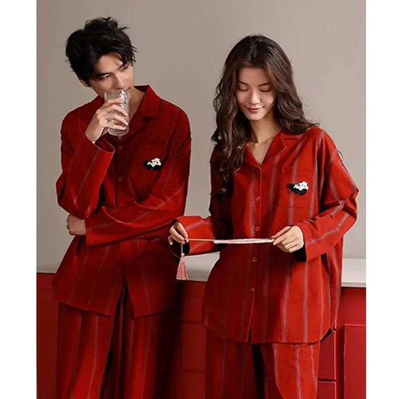 Pijamas rojos de estilo unisex para hombre y mujer, conjunto para recién casados, cárdigan de manga larga de algodón puro para primavera y otoño