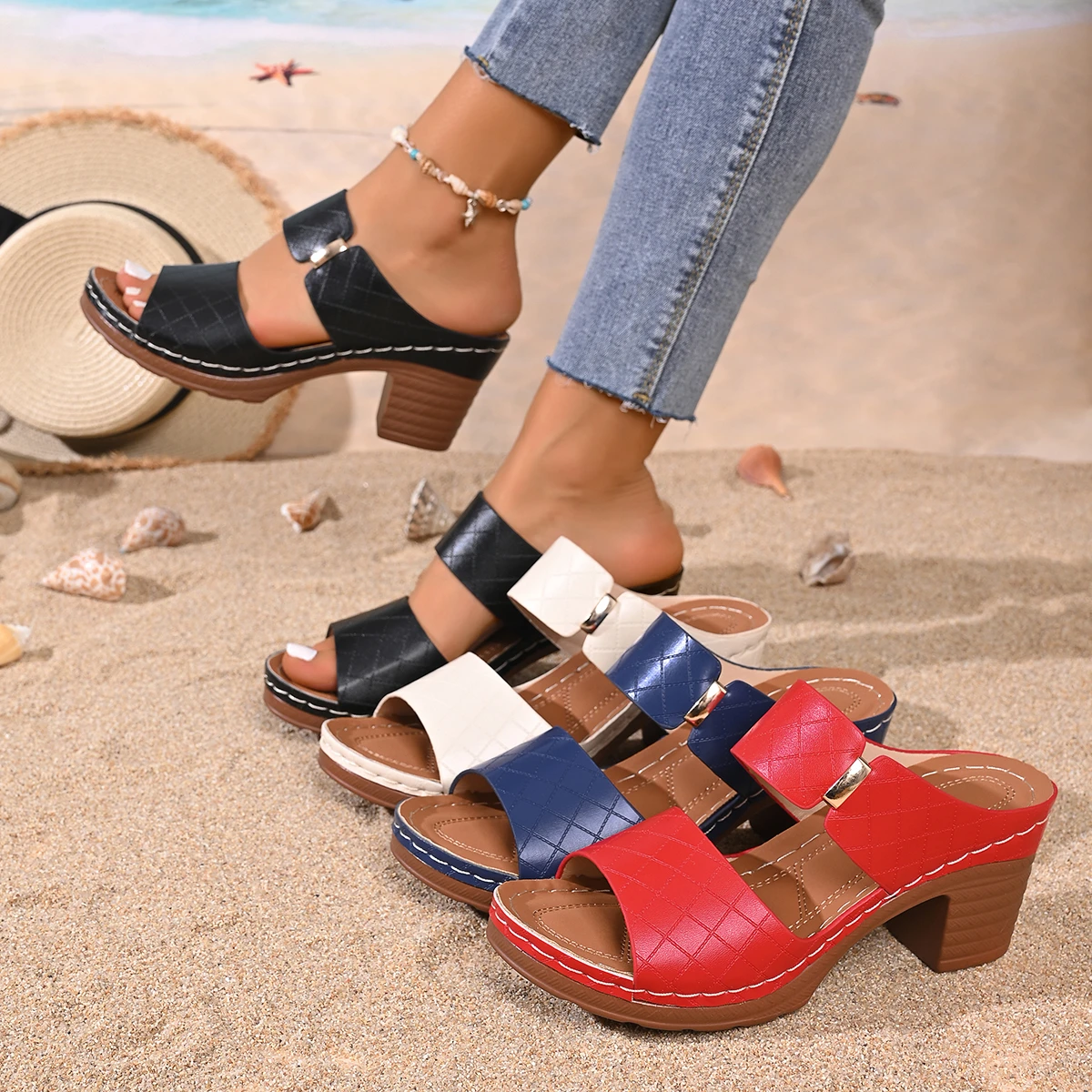 Damen Sommer Leichte Hohlsandalen mit Hohem Absatz, Neue Elegante Chunky Open-Toe Pantoletten, Lässige Slingback-Slipper – Detail 1