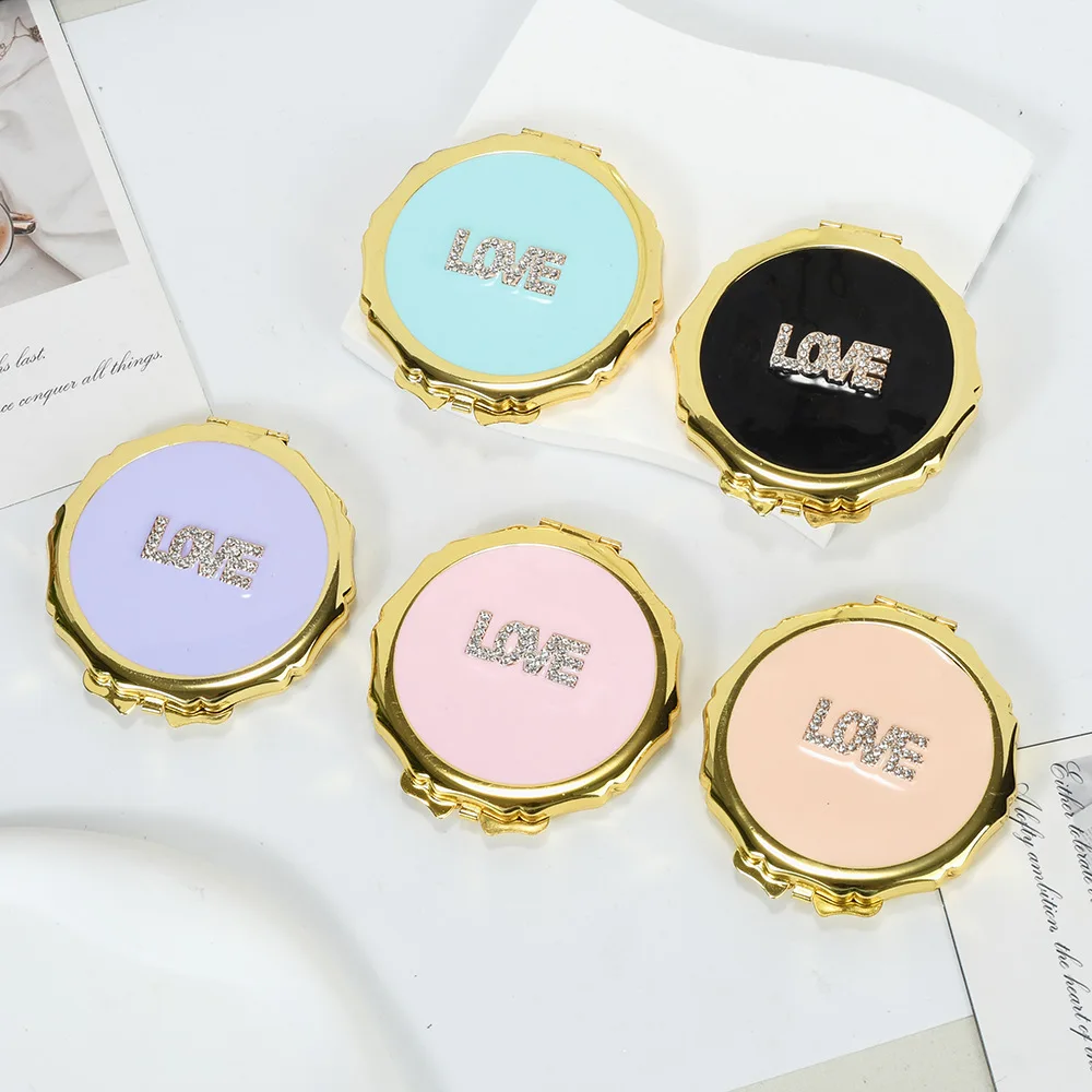 

Folding makeup mirror, circular LOVE sparkling diamond, mini girls' outdoor makeup mirror, double-sided portable pocket mirror