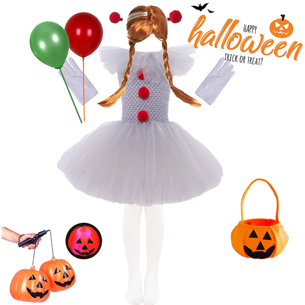 

Halloween Costumes Clown Joker Gray Girls Tutu Dress Creepy Clown Kids Carnival Party Cosplay Clothing The Clown Returns Dresses