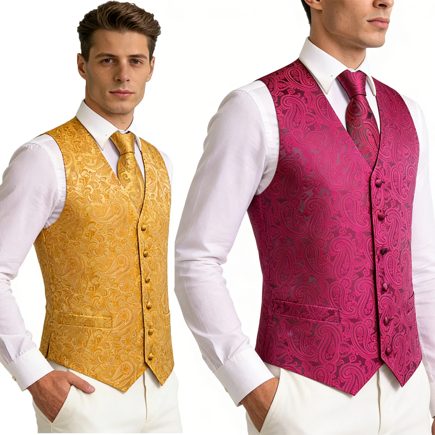 

Men's Rose Wine Yellow Paisley Vest & Tie Hanky Cufflinks Set – Suit Waistcoat for Weddings Events Party Gift