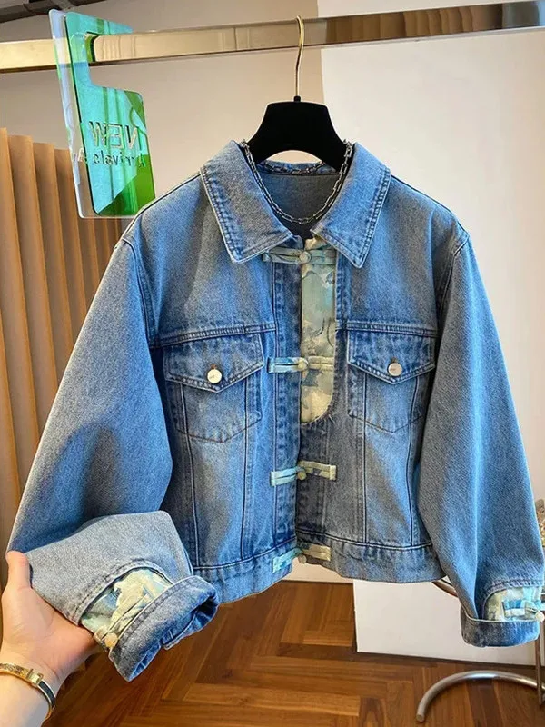

Spring Autumn Large Size 300 Pou New Chinese Splicing Retro Denim Jaet Men Women Light National Sle Buttoned Jaet Tr...