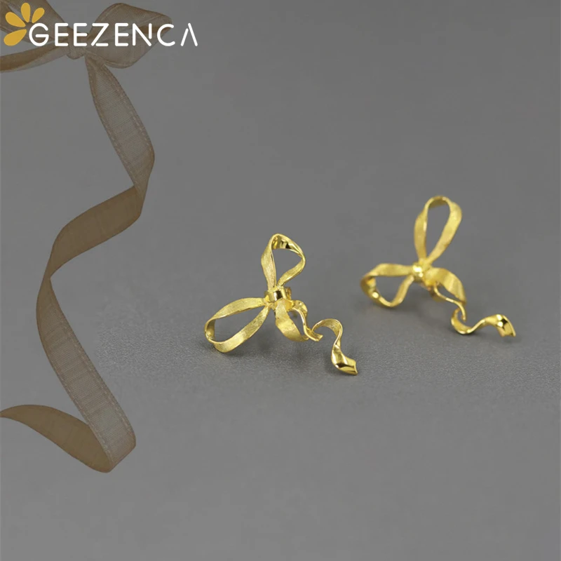 GEEZENCA 925 Sterling Silver 3D Bowknot Earrings For Women Original Design French Chic Dancing Silk Ribbon Earring 2023 New Gift