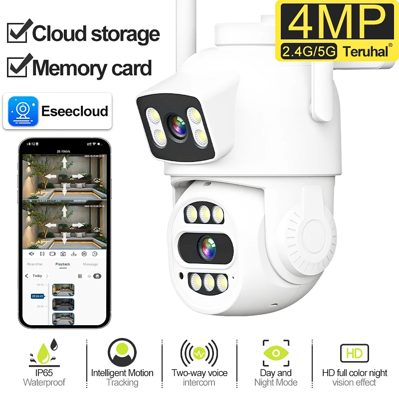 كاميرا لا سلكية 4 ميجابكسل بعدسة مزدوجة HD مراقبة أمنية داخلية في الهواء الطلق كاميرا لا سلكية كاميرا تلفزيونات الدوائر المغلقة للرؤية الليلية كشف الحركة