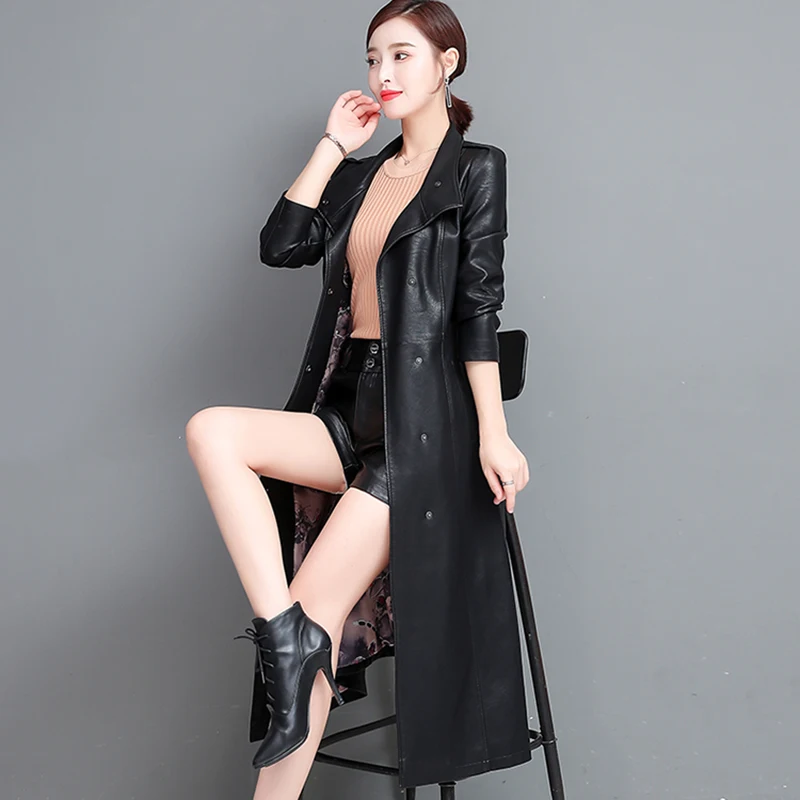 New Women Long Leather Coat Spring Autumn Fashion Casual Stand Collar Single Breasted Slim Trench Coat Split Leather Outerwear