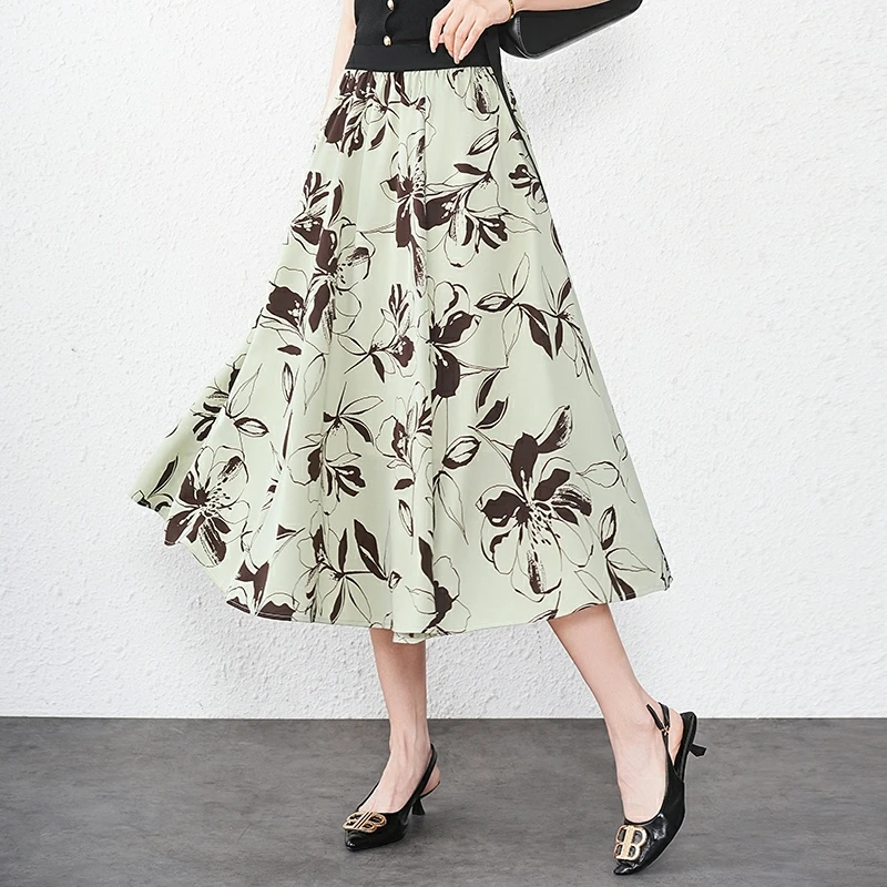 

Ele High Waist Silk f Skirt Women's Summer 2025 New Sle Slimming A-Line Midi Skirt Flared Skirt Floral Print