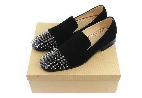 Drop Shipping Black Genuine Leather Suede Sliver Spike Rivet Flat Shoes Men Round Toe Low Top Slip On Patchwork Loafers Flats